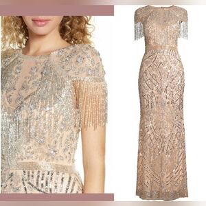 NWT Mac Duggal Military Style Beaded sequin Fringe Sheath Gown Platinum